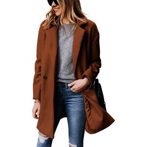 Women's Caramel Notched Lapel Winter Wool Single Breasted Blend Blazer Pea Coats